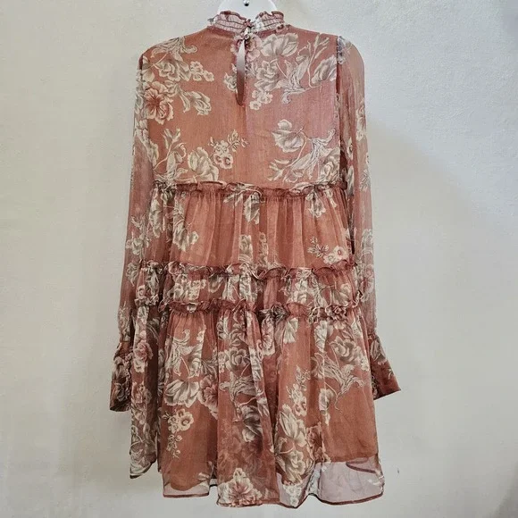 En Saison Dress S Nella Chiffon Tiered Floral Mini Lined Babydoll‎ Mauve Peasant - Picture 3 of 16